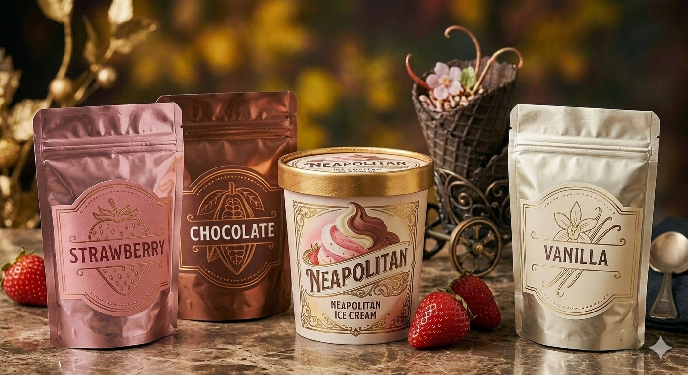 Ice cream cart with a neapolitan ice cream tub on it